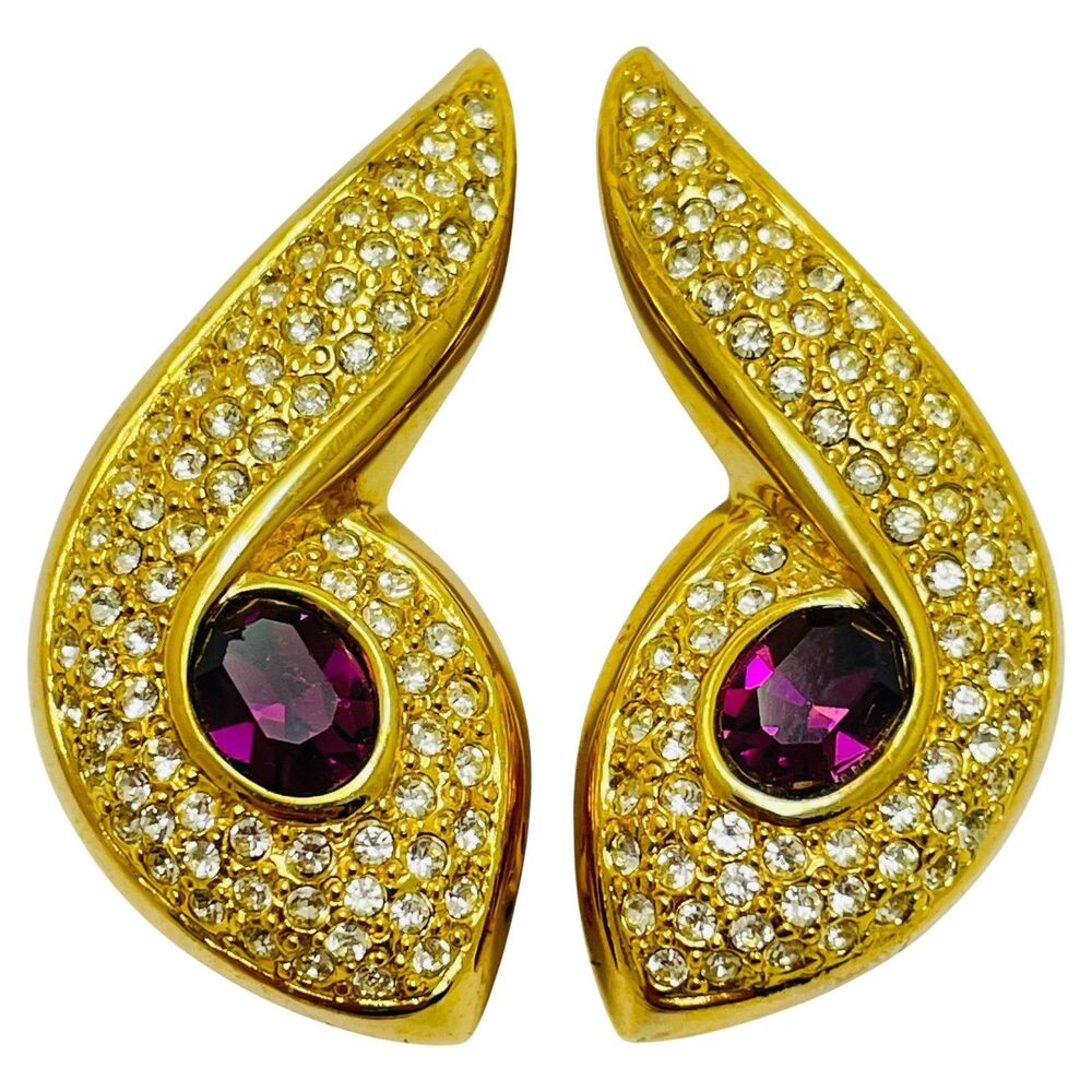 Vintage PISCITELLI gold tone amethyst glass designer runway clip on earrings